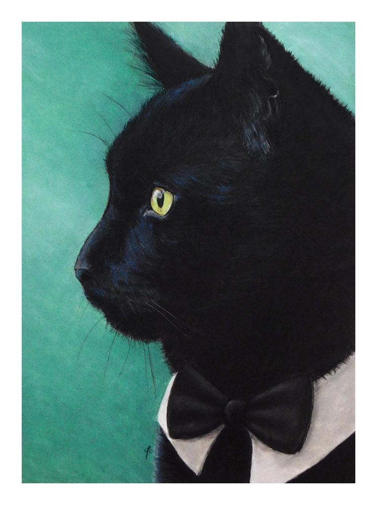 portraits animaliers, Tableaux et Dessins Chat noir Vert Pastel