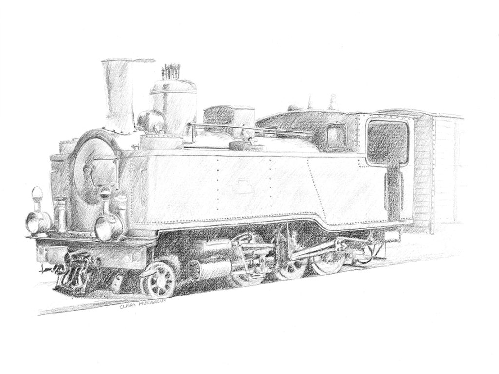 recherche illustrateur illustratrice, illustration, noir et blanc, locomotive, illustration réaliste