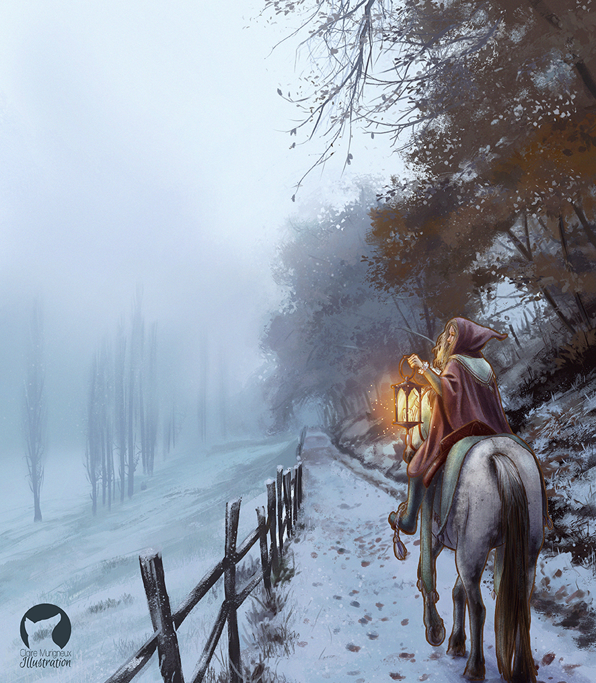 cherche illustrateur illustratrice, illustration, paysage hiver, femme à cheval, lanterne, fantasy, illustrateur fantasy, illustration roman fantastique, illustrations digitales