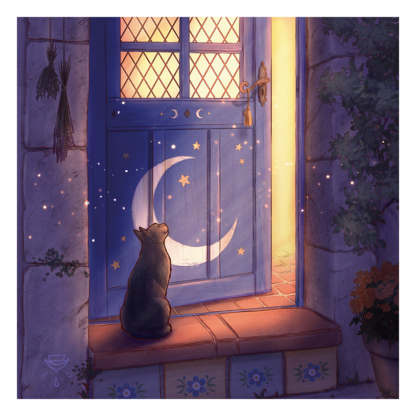 cherche illustrateur jeunesse illustratrice carte illustrée d'automne chat porte lune etoile