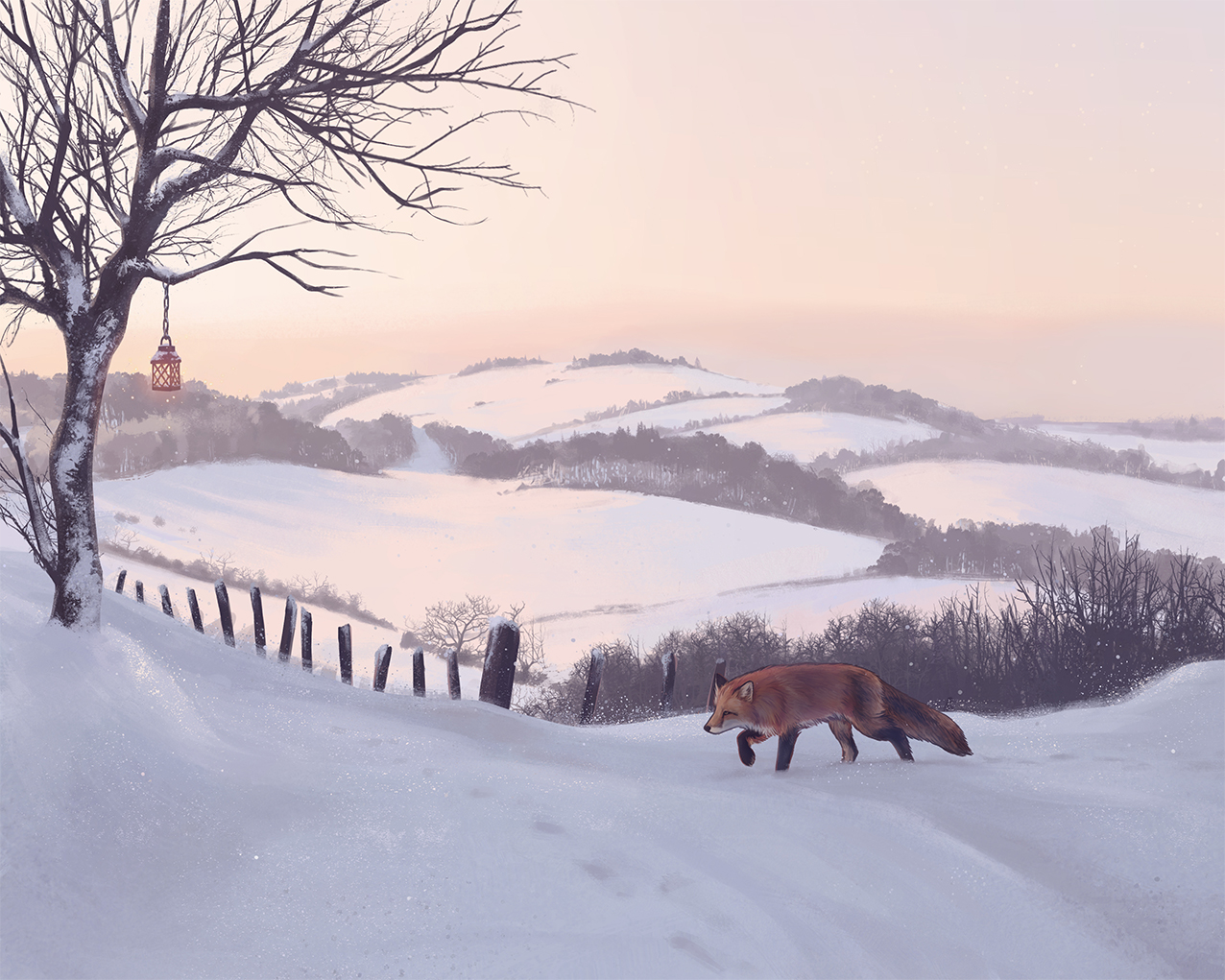 illustrations digitales, illustration paysage, hiver, renard, neige, recherche illustrateur
